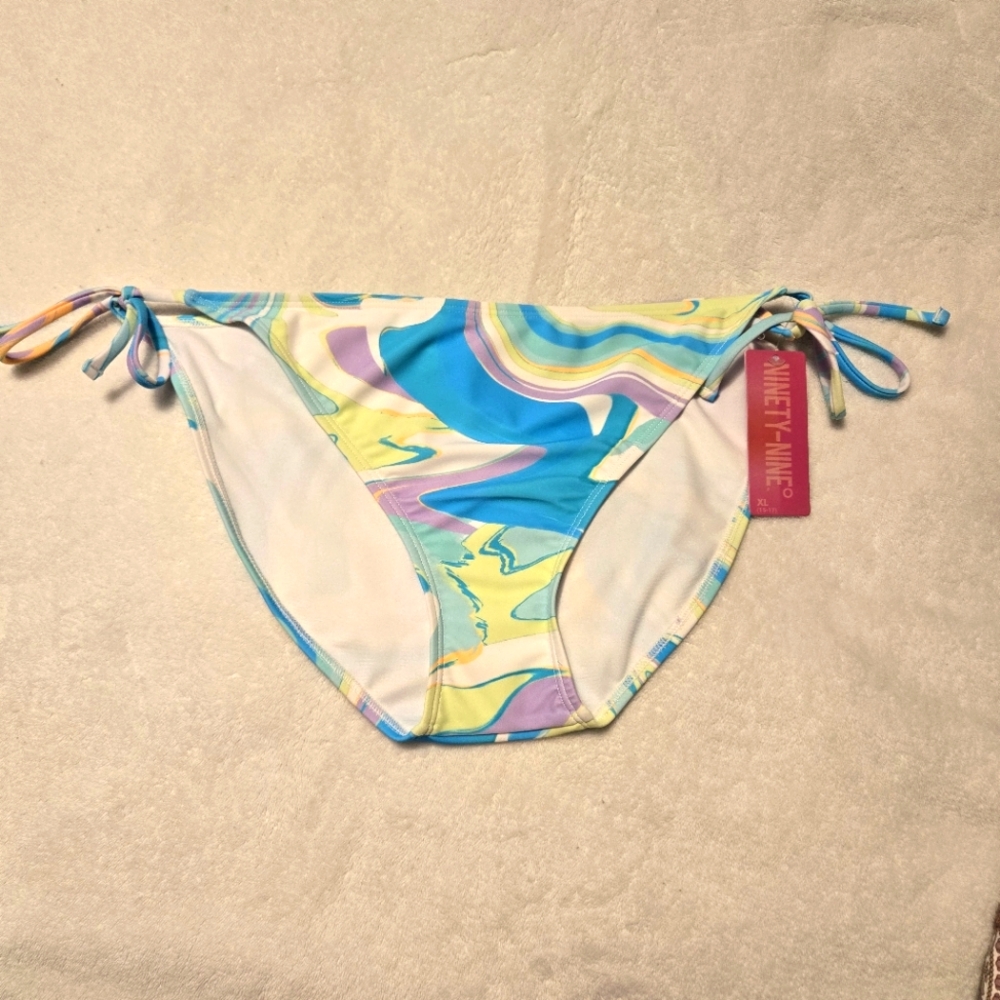 Ninety-Nine Juniors New Multicolored Marbled Side Tie Hipster Swim Bottoms XL